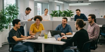 2025 Employer Benefits: Enhancing Work-Life Integration US Employees collaborating in a modern office, representing 2025 employer benefits and work-life integration.