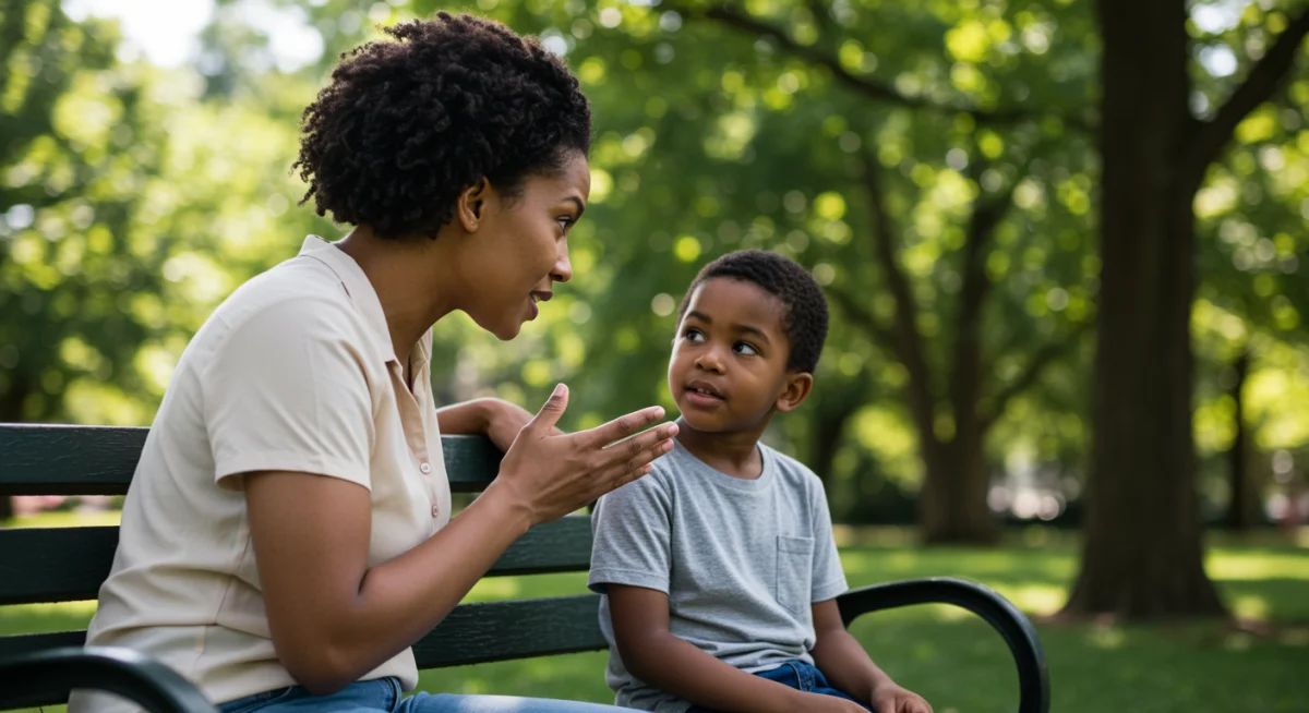 Parent actively listening to child in park, demonstrating empathetic connection