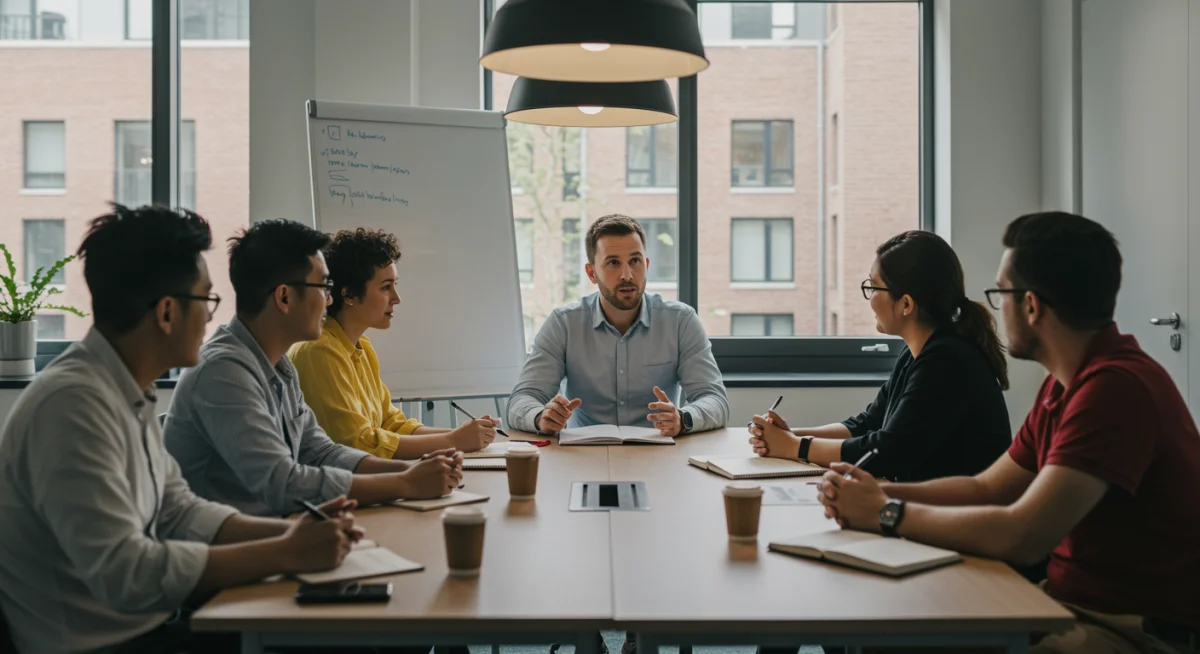Diverse group practicing active listening in a professional meeting