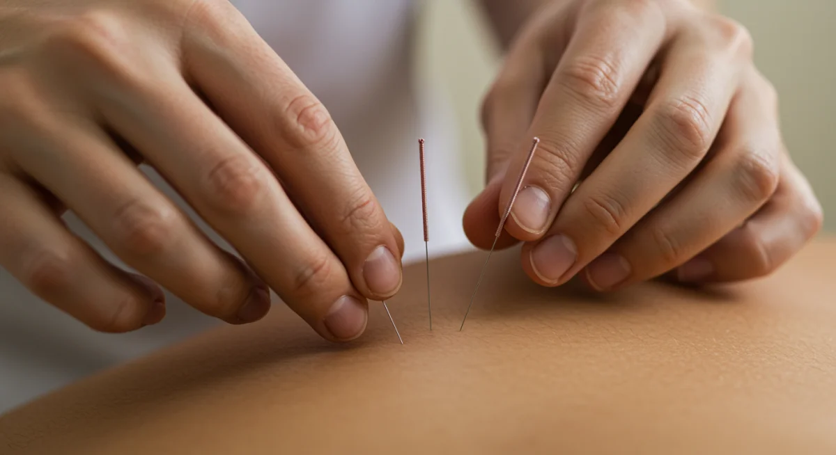 Acupuncturist carefully placing needles on a patient's back for chronic pain relief.