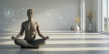 Person meditating deeply in a modern, serene setting, symbolizing advanced mindfulness practices for the future.