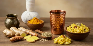 Ayurvedic ingredients for digestive wellness on a wooden table, 2025