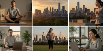 7 Habits of Highly Balanced US Professionals in 2025 Diverse US professionals balancing work and life in 2025, meditating, exercising, and working calmly.