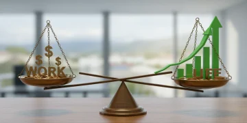 Balanced scale showing work and life in harmony, with financial symbols and growth indicators.