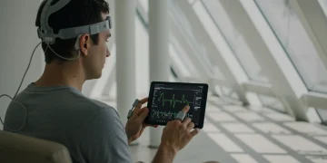 Person practicing biofeedback for stress reduction with sensors and tablet