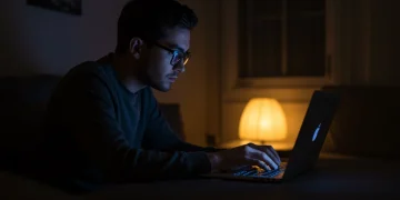 Person wearing blue light glasses using laptop at night for better sleep