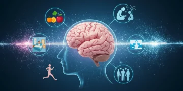 Futuristic illustration of a healthy brain with elements of nutrition, exercise, sleep, mindfulness, and social interaction, symbolizing enhanced cognitive function in 2025.