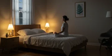 Person meditating in a calm bedroom, symbolizing effective stress and sleep relaxation techniques for fast sleep and reduced anxiety.