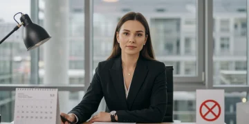 Woman calmly managing tasks in a modern office, symbolizing work-life balance and productivity.