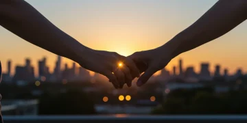 Couple holding hands, symbolizing connection and compassion in an urban US setting.