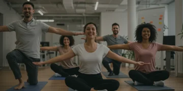 Employees engaging in a corporate wellness program activity, promoting work-life balance