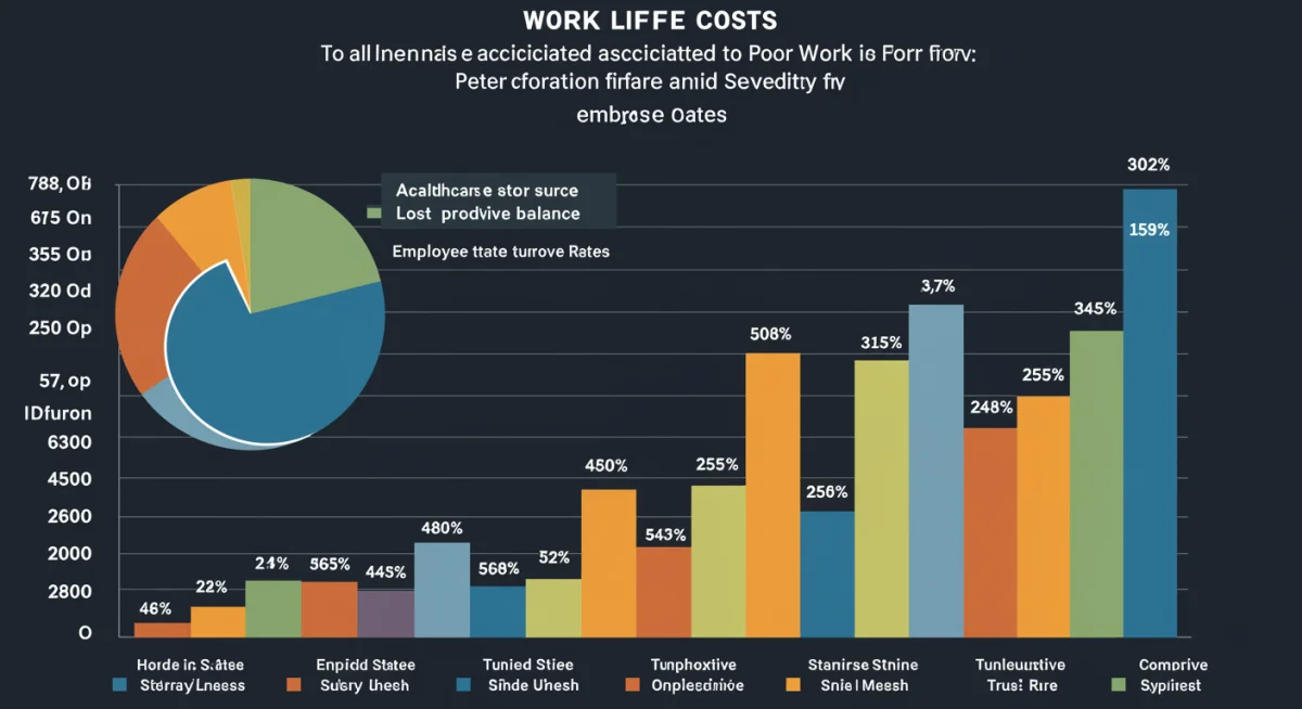 Infographic detailing the financial and human costs of poor work-life balance in the US, including health impacts and economic losses.