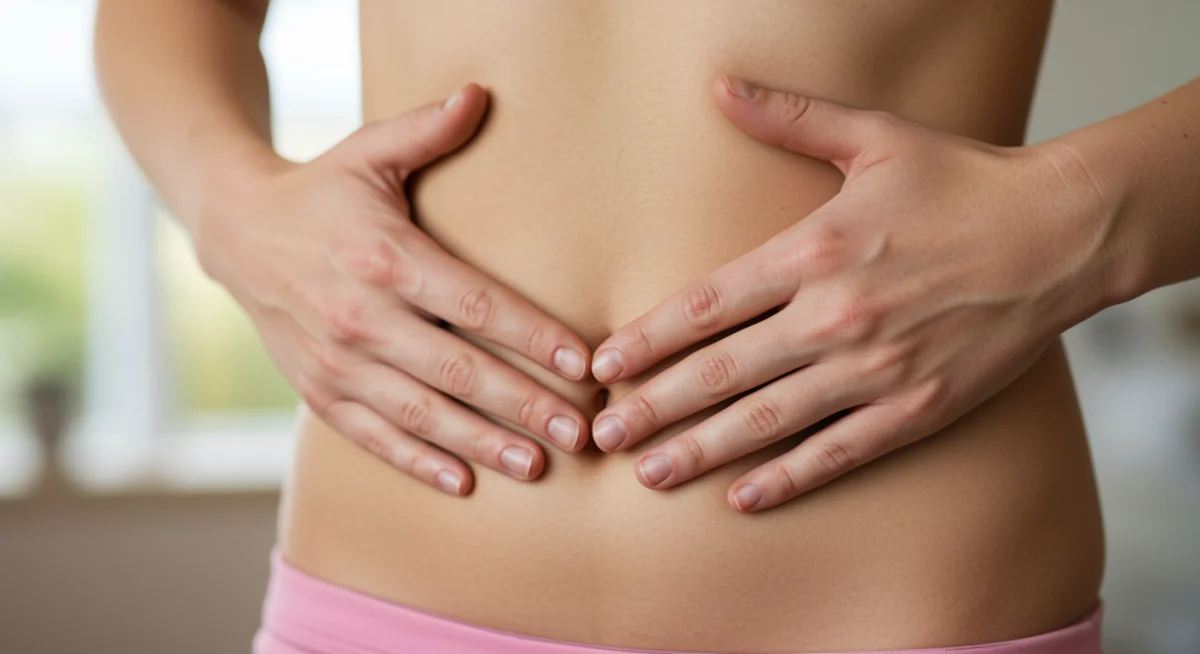 Close-up of hands on abdomen, demonstrating deep belly breathing