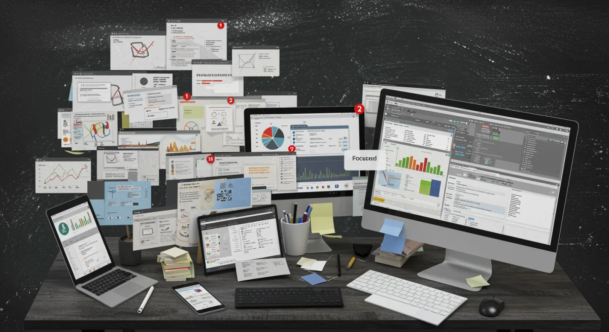 Digital clutter on a desk with a highlighted focused task