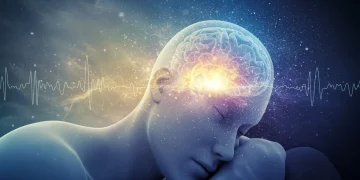 Person sleeping peacefully with dream imagery and brainwave patterns suggesting mental exploration.