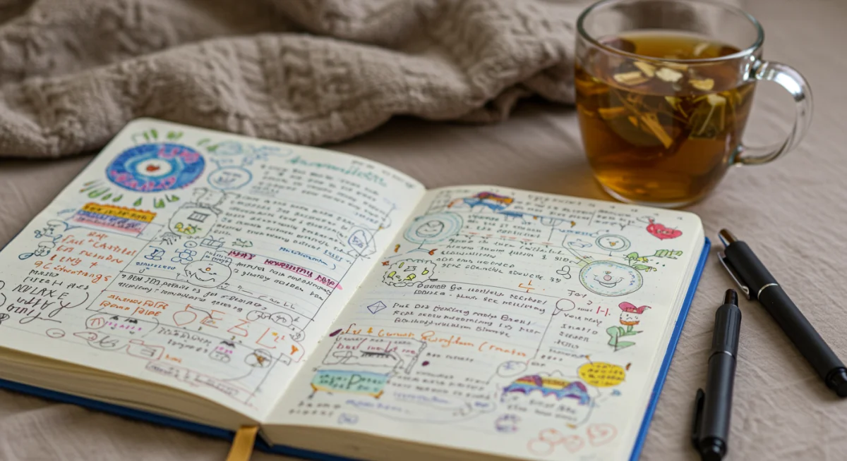Open dream journal with handwritten entries and sketches, accompanied by a pen and tea cup, symbolizing daily reflection.