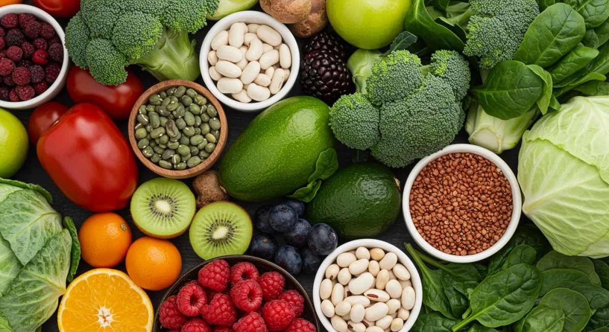 Assortment of colorful fiber-rich vegetables and fruits for gut health