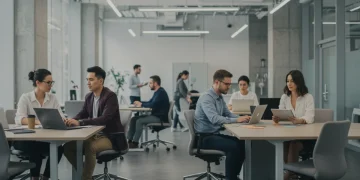 Flexible Work Policies 2025: Navigating Federal Updates Professionals collaborating in a modern office, representing flexible work.