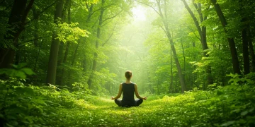 Woman meditating in a sun-dappled forest, embodying forest bathing's peace.
