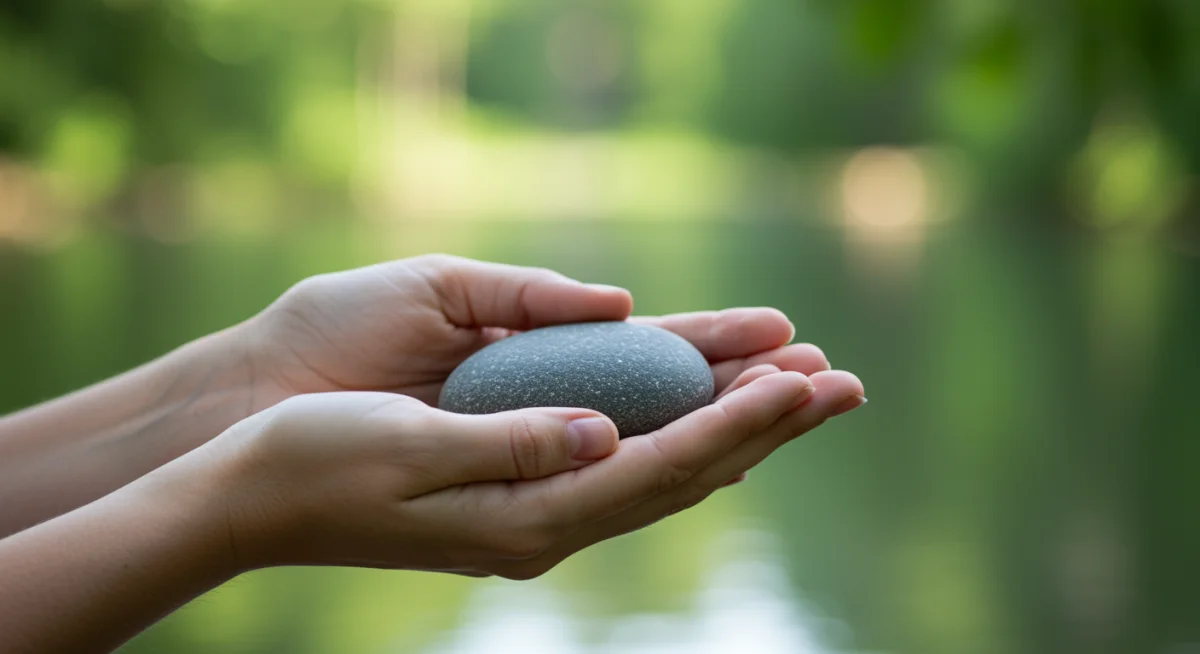 Hands holding a smooth stone for grounding during meditation