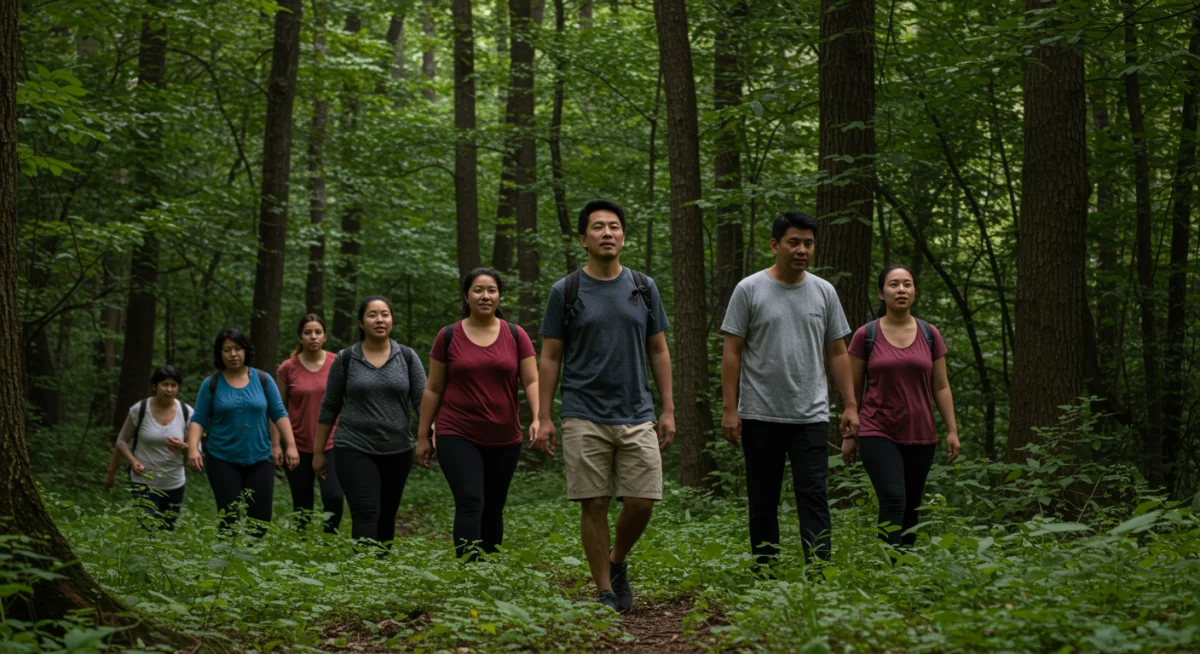 Diverse group mindfully walking through a forest during a guided forest bathing session.