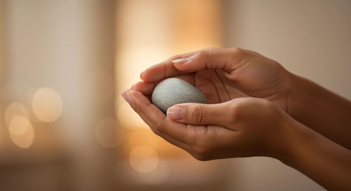 Hands gently holding a smooth stone, symbolizing self-compassion and care.