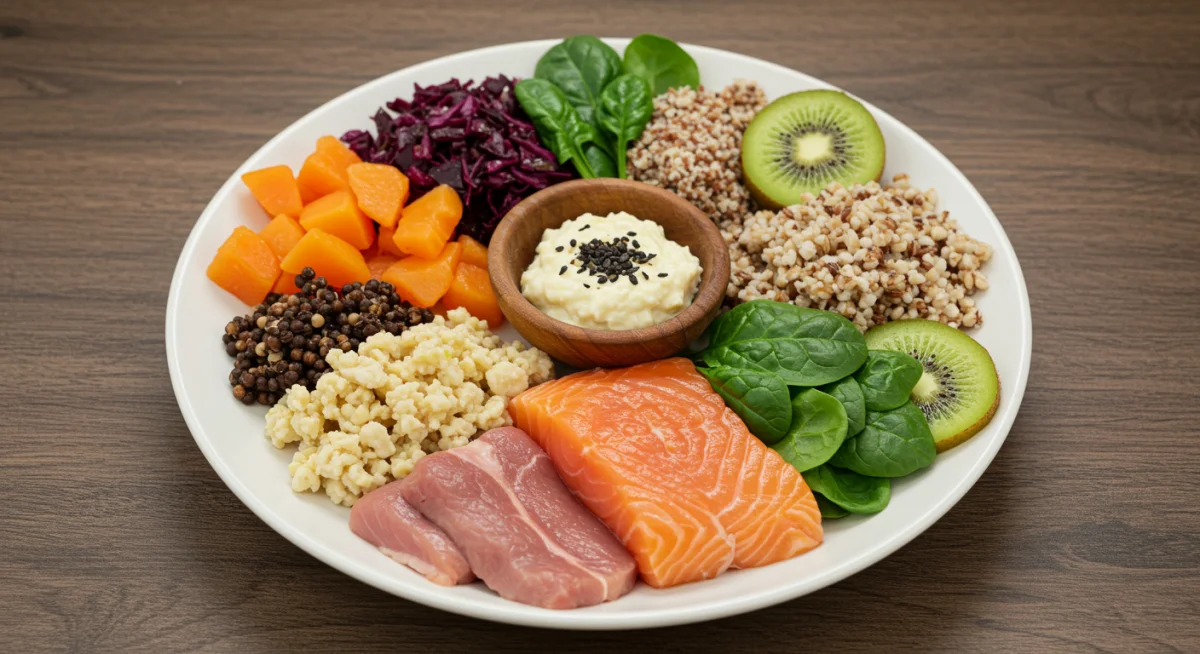 Colorful plate of healthy, balanced food for hormone support