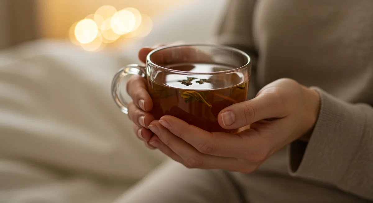 Hands holding a warm herbal tea, illustrating a soothing pre-sleep ritual for relaxation and faster sleep onset.
