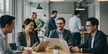 HR's Vital Role: Work-Life Balance in 2025 US Companies Diverse employees thriving in a modern, balanced workplace