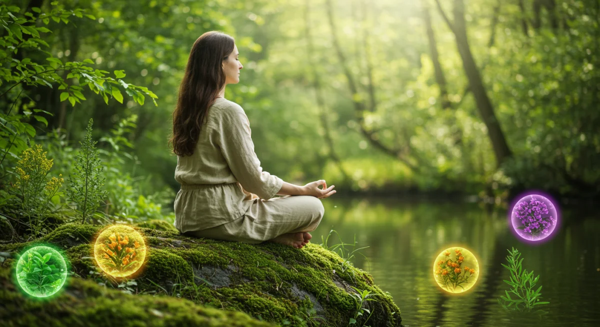 Person meditating with adaptogenic plant symbols for calm