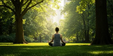 Person meditating peacefully in a park, practicing mindfulness in the US.