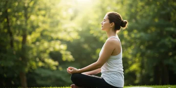 Serene person meditating outdoors, practicing mindful breathing