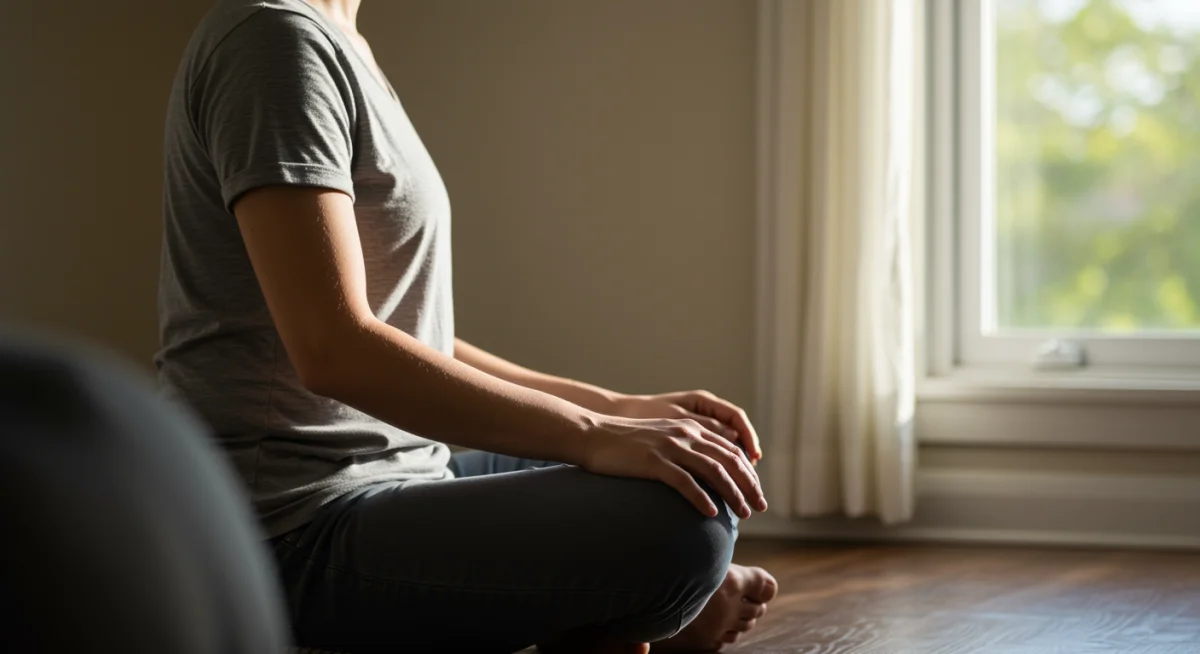 Person meditating, practicing mindful breathing in a peaceful setting.