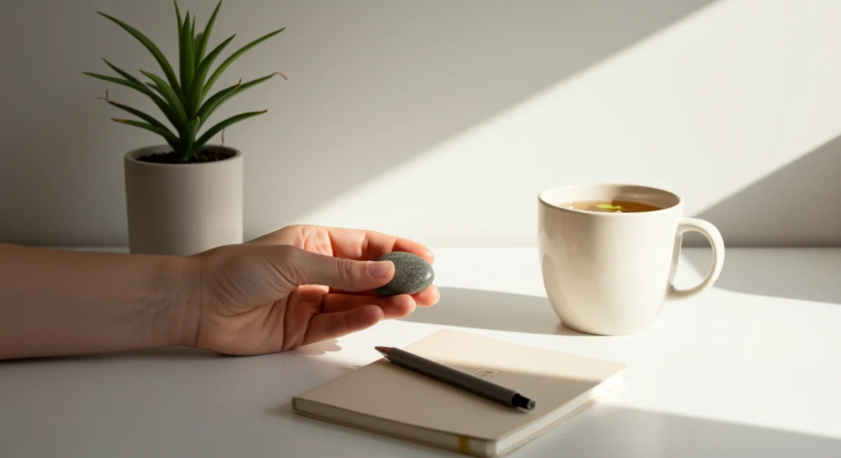 Mindful desk setup with plant and calming stone