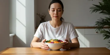 Person practicing mindful eating with fresh food