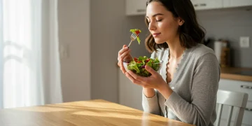 Woman practicing mindful eating with a fresh salad in the United States
