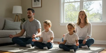 Family practicing mindful breathing together in a bright living room, promoting calm family life