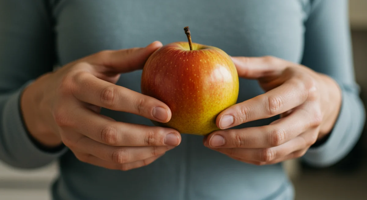 Hands holding a fresh piece of fruit, emphasizing mindful connection to food