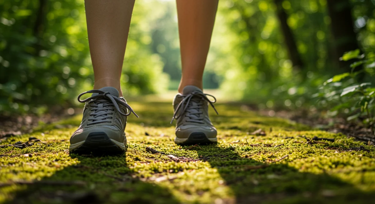 Close-up of feet mindfully stepping on a mossy forest path