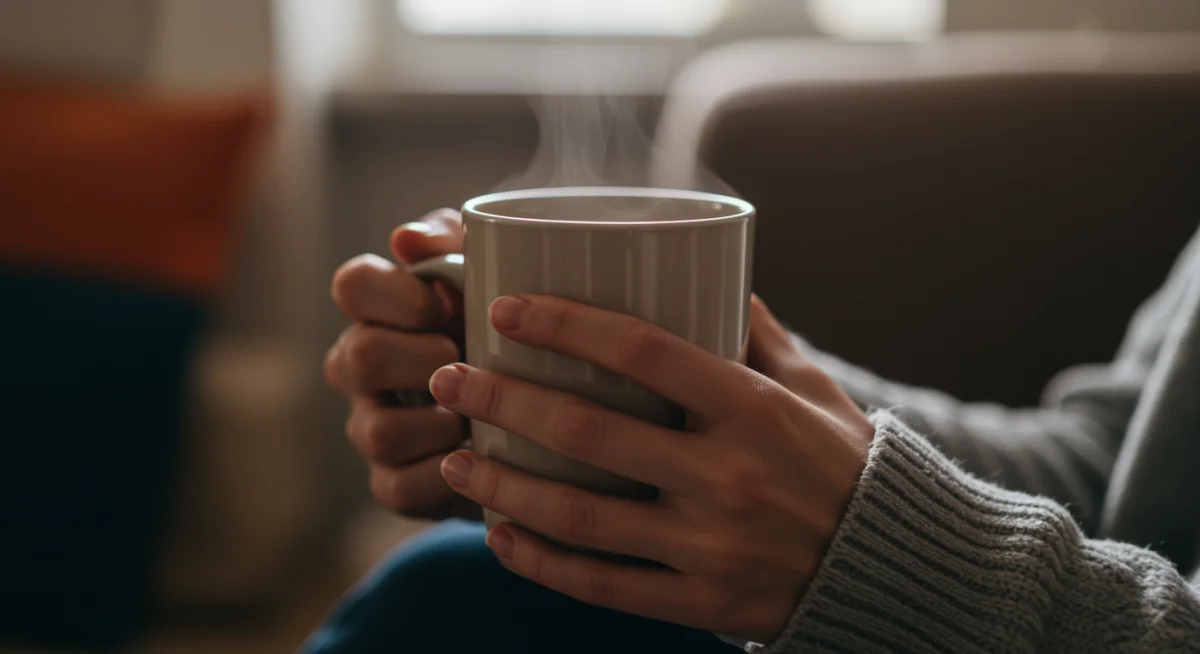 Hands holding a warm mug of tea, practicing mindful consumption