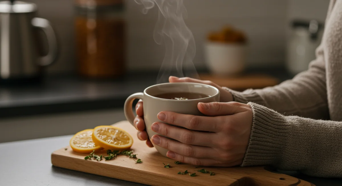Mindful tea moment, hands holding a warm mug in a cozy kitchen.