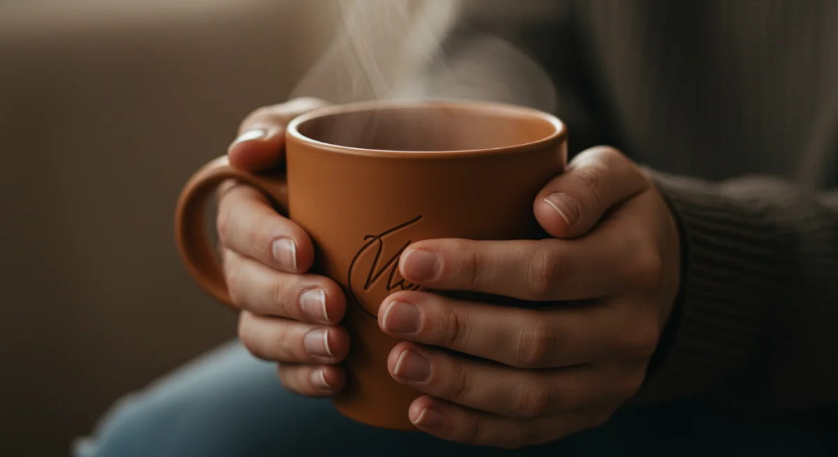 Hands holding warm mug in mindful moment