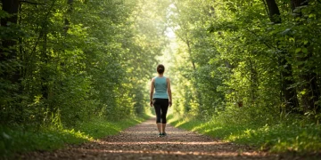 Serene person enjoying mindful walking on a peaceful nature trail
