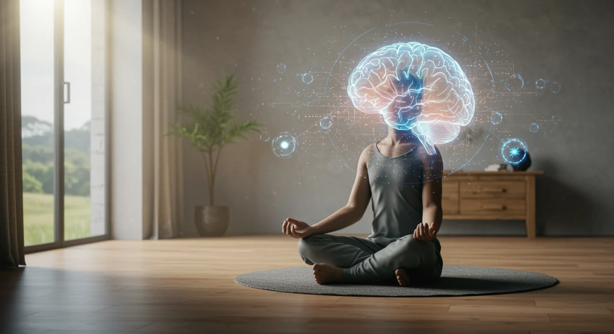 Person meditating with digital brain activity overlays, representing mindfulness for cognitive enhancement.