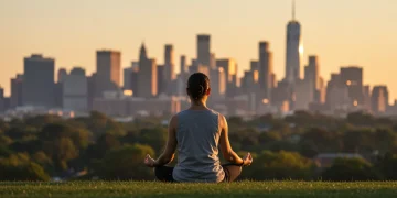 Person meditating peacefully in an urban park in the US, practicing mindfulness for emotional regulation