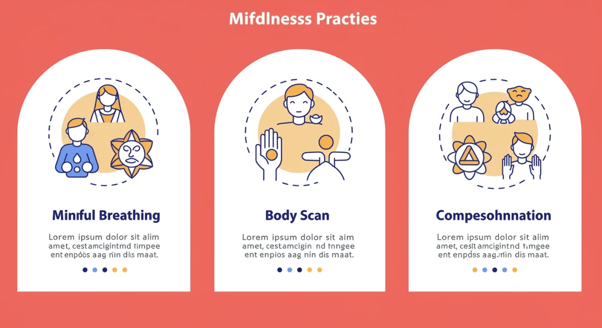 Infographic detailing three core mindfulness practices for the workplace: mindful breathing, body scan, and compassionate communication.