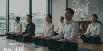 Professionals meditating in a modern office, practicing mindfulness at work to enhance focus and reduce stress.