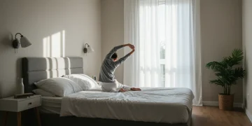 Person waking up energized in a sunlit bedroom, symbolizing optimized circadian rhythm.
