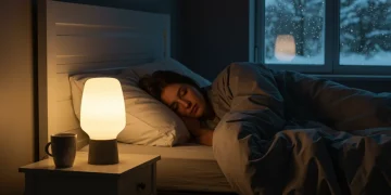 Peaceful bedroom with SAD lamp for winter sleep