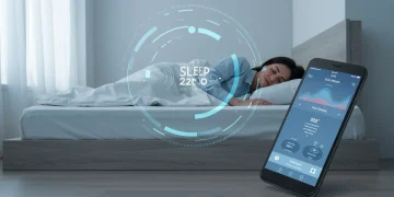 A person sleeping soundly with a smartphone displaying a sleep tracking app on a bedside table.